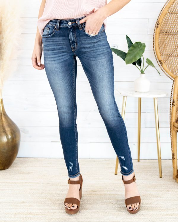 Greeflow Mid-Rise Distressed Skinny Jeans - Dark Wash