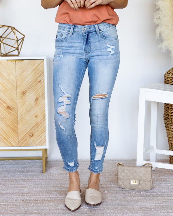 Greeflow Mid-Rise Distressed Skinny Jeans - Light Wash